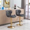 Set of 2 Bar Stools; with Chrome Footrest and Base Swivel Height Adjustable Mechanical Lifting Velvet + Golden Leg Simple Bar Stool-gray