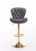 Set of 2 Bar Stools; with Chrome Footrest and Base Swivel Height Adjustable Mechanical Lifting Velvet + Golden Leg Simple Bar Stool-gray