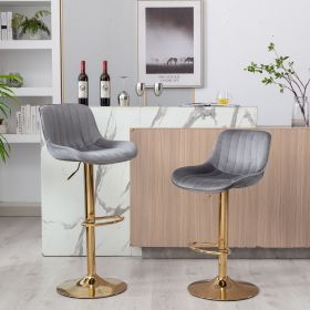 Chrome Footrest and Base Swivel Height Adjustable Mechanical Lifting Velvet + Golden Leg Simple Bar Stool; Set of 2; Grey