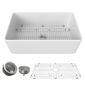 36 Inch Fireclay Farmhouse Kitchen Sink White Single Bowl Apron Front Kitchen Sink; Bottom Grid and Kitchen Sink Drain Included