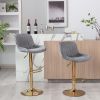 Chrome Footrest and Base Swivel Height Adjustable Mechanical Lifting Velvet + Golden Leg Simple Bar Stool; Set of 2; Grey